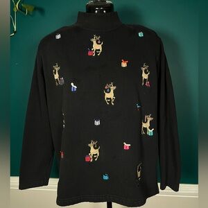 Black Reindeer Embroidered mock neck top